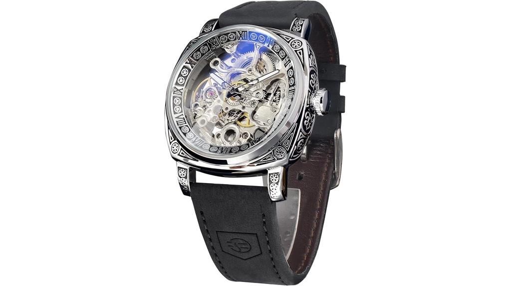 square skeleton leather watch