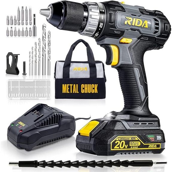 RIDA 20V Cordless Drill with Bits and Battery