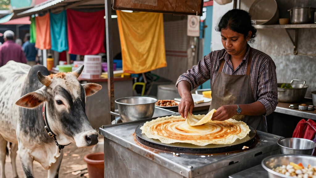 Dosa seller prepares Dosa for Cow that regularly visits his stall