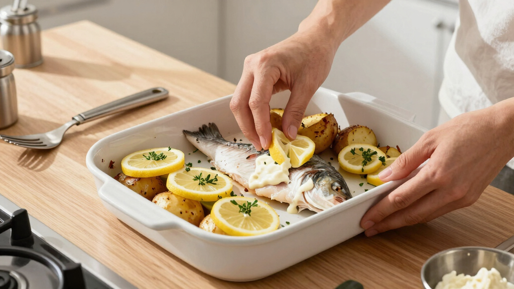 Rachel Roddy’s recipe for baked fish and potatoes with oregano and lemon mayonnaise | A kitchen in Rome